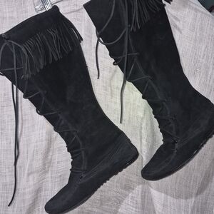 Black Suede Fringe Lace-Up Knee Boots - Women